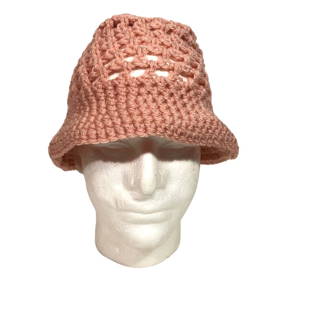 Pink Crochet Bucket Hat, Handmade Powder Pink Hippie Boho